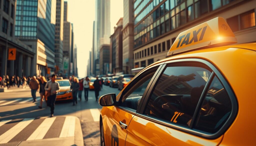 A bustling city street in New York, with a yellow taxi cab parked curbside. The cab's door is open, inviting passengers to step inside for a door-to-door service. The scene is bathed in warm, golden light, casting long shadows across the sidewalk. In the background, towering skyscrapers and a lively pedestrian scene create a dynamic urban atmosphere. The overall impression is one of efficiency, convenience, and the energy of the Big Apple. A bustling city street in New York, with a yellow taxi cab parked curbside. The cab's door is open, inviting passengers to step inside for a door-to-door service. The scene is bathed in warm, golden light, casting long shadows across the sidewalk. In the background, towering skyscrapers and a lively pedestrian scene create a dynamic urban atmosphere. The overall impression is one of efficiency, convenience, and the energy of the Big Apple.