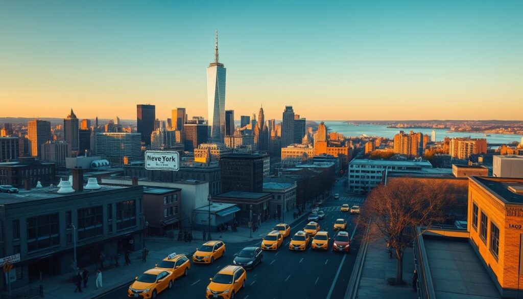 A bustling cityscape of New York City, showcasing the iconic skyline of Yonkers, NY. In the foreground, a busy street scene with yellow cabs and pedestrians navigating the lively sidewalks. The middle ground features the towering skyscrapers of Manhattan, their glass facades glittering in the warm, golden-hour sunlight. In the background, the majestic Hudson River winds its way through the landscape, with the Palisades cliffs visible in the distance. The scene conveys a sense of energy and vibrancy, capturing the local advantage of Yonkers' proximity to the heart of the Big Apple. The image is captured with a wide-angle lens, creating a cinematic, immersive perspective.