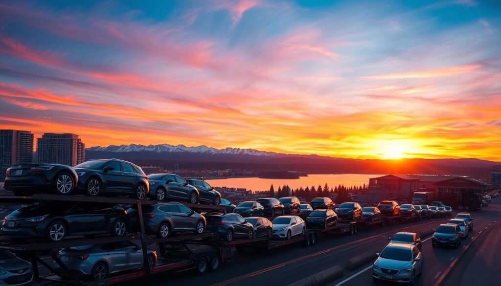 A bustling cityscape of Redmond, Washington, framed by a vibrant sunset. In the foreground, a fleet of modern car carriers transporting a diverse array of vehicles, their chrome and metallic finishes gleaming under the warm, golden light. The middle ground features the serene Lake Sammamish, its calm waters reflecting the vibrant hues of the sky. In the background, the majestic Cascade Mountains stand tall, their snow-capped peaks creating a stunning natural backdrop. The scene conveys a sense of efficiency, progress, and the ideal setting for reliable car shipping and auto transport services. A bustling cityscape of Redmond, Washington, framed by a vibrant sunset. In the foreground, a fleet of modern car carriers transporting a diverse array of vehicles, their chrome and metallic finishes gleaming under the warm, golden light. The middle ground features the serene Lake Sammamish, its calm waters reflecting the vibrant hues of the sky. In the background, the majestic Cascade Mountains stand tall, their snow-capped peaks creating a stunning natural backdrop. The scene conveys a sense of efficiency, progress, and the ideal setting for reliable car shipping and auto transport services.