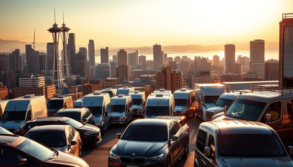 A bustling cityscape of Seattle's iconic skyline, with the iconic Space Needle piercing the sky. In the foreground, a fleet of sleek, modern cars and trucks are lined up, ready for transport. The scene is bathed in warm, golden sunlight, casting long shadows and highlighting the chrome detailing of the vehicles. The middle ground features the bustling streets of the city, with towering skyscrapers and the serene waters of Puget Sound in the background. The atmosphere is one of efficiency, energy, and the promise of seamless car shipping and auto transport solutions.
