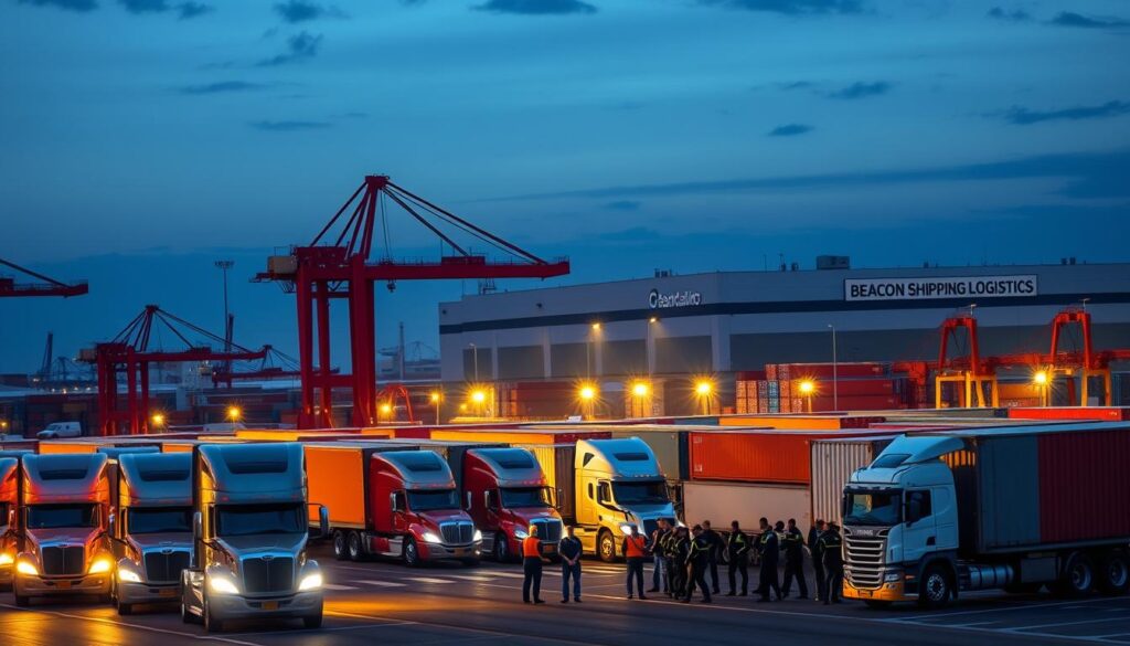 A bustling freight terminal at dusk, towering cranes and containers casting long shadows. In the foreground, a fleet of semi-trucks and trailers, their chrome and steel gleaming under warm floodlights. The middle ground features a team of logistics workers coordinating cargo loading with precision and efficiency. In the background, a modern warehouse complex with bold Beacon Shipping Logistics branding. Diffused lighting creates a sense of purpose and reliability, while the composition emphasizes the scale and expertise of this transportation hub. A telephoto lens captures the dynamic energy of this vital logistics operation. A bustling freight terminal at dusk, towering cranes and containers casting long shadows. In the foreground, a fleet of semi-trucks and trailers, their chrome and steel gleaming under warm floodlights. The middle ground features a team of logistics workers coordinating cargo loading with precision and efficiency. In the background, a modern warehouse complex with bold Beacon Shipping Logistics branding. Diffused lighting creates a sense of purpose and reliability, while the composition emphasizes the scale and expertise of this transportation hub. A telephoto lens captures the dynamic energy of this vital logistics operation.