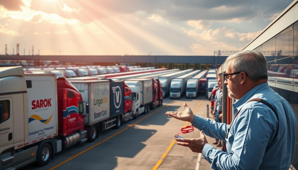 A bustling freight yard with rows of semi-trucks and trailers, their logos and colors reflecting the variety of shipping companies. In the foreground, a dispatcher gestures toward a schedule board, conveying a sense of coordination and confidence. Beams of warm light filter through the clouds, casting a glow over the scene. The composition highlights the efficient movement of goods, with the transportation infrastructure serving as the backbone of a reliable delivery network. A bustling freight yard with rows of semi-trucks and trailers, their logos and colors reflecting the variety of shipping companies. In the foreground, a dispatcher gestures toward a schedule board, conveying a sense of coordination and confidence. Beams of warm light filter through the clouds, casting a glow over the scene. The composition highlights the efficient movement of goods, with the transportation infrastructure serving as the backbone of a reliable delivery network.