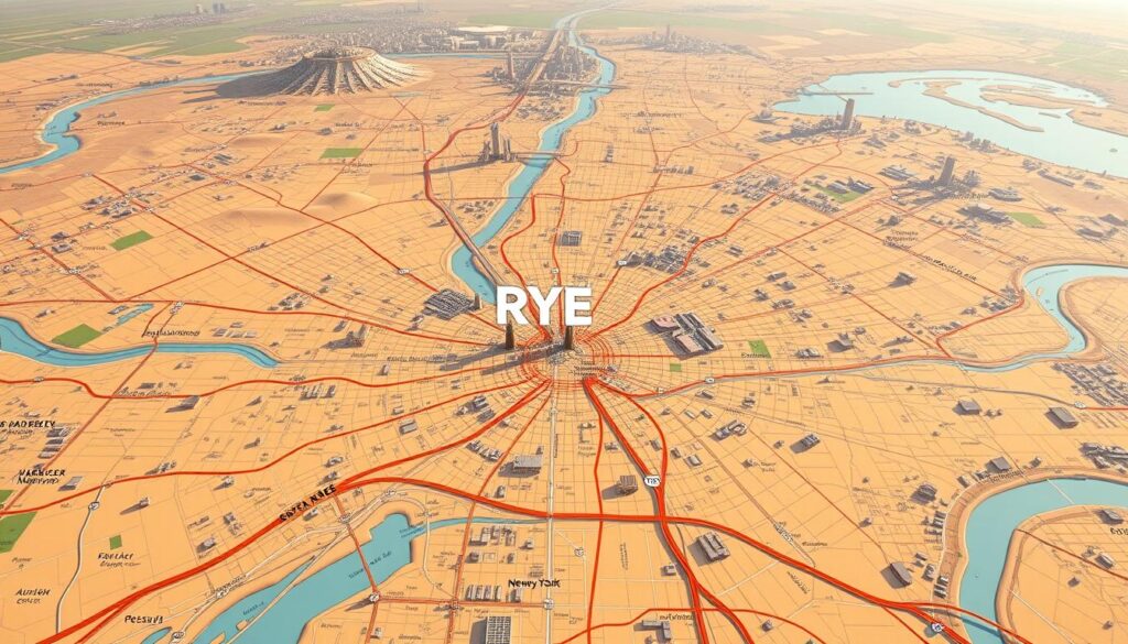 A bustling map of the greater New York metropolitan area, with the city of Rye prominently featured in the center. The map is rendered in a warm, earthy color palette, with clearly delineated roads, highways, and landmarks. The foreground showcases the immediate vicinity of Rye, including neighboring towns and cities, while the background gradually expands to encompass the broader New York region, including major hubs like Manhattan, Brooklyn, and Long Island. The image is captured with a wide-angle lens, creating a sense of depth and scale, and lit by soft, diffused natural lighting that casts gentle shadows and highlights the contours of the landscape. The overall tone conveys a sense of geographic interconnectedness and the strategic importance of Rye's location within the broader transportation network of the area. A bustling map of the greater New York metropolitan area, with the city of Rye prominently featured in the center. The map is rendered in a warm, earthy color palette, with clearly delineated roads, highways, and landmarks. The foreground showcases the immediate vicinity of Rye, including neighboring towns and cities, while the background gradually expands to encompass the broader New York region, including major hubs like Manhattan, Brooklyn, and Long Island. The image is captured with a wide-angle lens, creating a sense of depth and scale, and lit by soft, diffused natural lighting that casts gentle shadows and highlights the contours of the landscape. The overall tone conveys a sense of geographic interconnectedness and the strategic importance of Rye's location within the broader transportation network of the area.