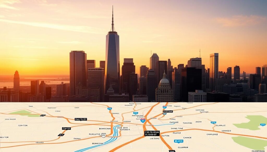 A bustling metropolitan cityscape at twilight, the skyscrapers of New York City silhouetted against a warm, golden sky. In the foreground, a detailed map showcases the intricate network of roads and highways, with estimated transit times displayed in a clean, legible manner. The map is rendered with a sense of depth and dimension, inviting the viewer to imagine navigating the city's complex transportation system. The overall mood is one of efficiency and anticipation, capturing the energy and dynamism of New York's car shipping and auto transport industry. A bustling metropolitan cityscape at twilight, the skyscrapers of New York City silhouetted against a warm, golden sky. In the foreground, a detailed map showcases the intricate network of roads and highways, with estimated transit times displayed in a clean, legible manner. The map is rendered with a sense of depth and dimension, inviting the viewer to imagine navigating the city's complex transportation system. The overall mood is one of efficiency and anticipation, capturing the energy and dynamism of New York's car shipping and auto transport industry.