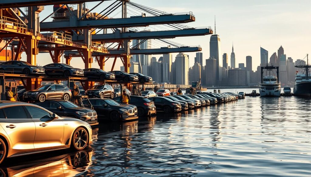 A bustling port scene in New York City, showcasing the efficient car shipping operations. In the foreground, a fleet of glossy, high-end vehicles are meticulously loaded onto specialized car carriers, their reflections rippling in the calm waters of the harbor. The middle ground features a network of cranes, forklifts, and skilled workers orchestrating the seamless transfer of vehicles. In the background, the iconic skyline of New York City rises, its towering skyscrapers bathed in warm, golden afternoon light. The overall atmosphere conveys a sense of professionalism, reliability, and the seamless transportation of automobiles to their final destinations. A bustling port scene in New York City, showcasing the efficient car shipping operations. In the foreground, a fleet of glossy, high-end vehicles are meticulously loaded onto specialized car carriers, their reflections rippling in the calm waters of the harbor. The middle ground features a network of cranes, forklifts, and skilled workers orchestrating the seamless transfer of vehicles. In the background, the iconic skyline of New York City rises, its towering skyscrapers bathed in warm, golden afternoon light. The overall atmosphere conveys a sense of professionalism, reliability, and the seamless transportation of automobiles to their final destinations.