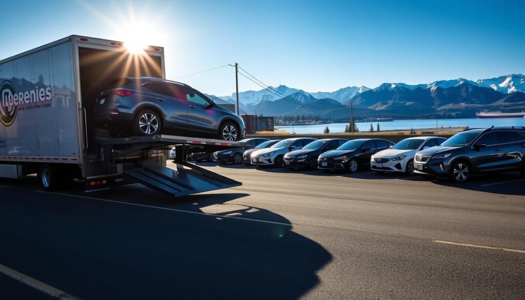 A bustling scene of car shipping and auto transport in East Wenatchee. In the foreground, a large car carrier truck stands ready, its hydraulic ramps extended to load a gleaming SUV. Bright sunlight casts dramatic shadows across the asphalt, giving the scene a dynamic, energetic feel. In the middle ground, a row of sedans and hatchbacks await their turn, the drivers patiently overseeing the efficient loading process. The backdrop features the picturesque Columbia River and the rugged, snow-capped Cascade Mountains, providing a stunning natural setting for this thriving transportation hub. The overall atmosphere conveys a sense of reliability, professionalism, and the seamless movement of vehicles across the region. A bustling scene of car shipping and auto transport in East Wenatchee. In the foreground, a large car carrier truck stands ready, its hydraulic ramps extended to load a gleaming SUV. Bright sunlight casts dramatic shadows across the asphalt, giving the scene a dynamic, energetic feel. In the middle ground, a row of sedans and hatchbacks await their turn, the drivers patiently overseeing the efficient loading process. The backdrop features the picturesque Columbia River and the rugged, snow-capped Cascade Mountains, providing a stunning natural setting for this thriving transportation hub. The overall atmosphere conveys a sense of reliability, professionalism, and the seamless movement of vehicles across the region.