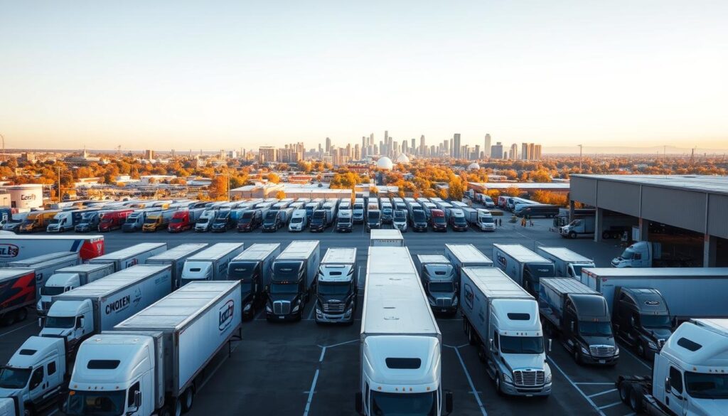 A bustling truck terminal in Johnson City, with a fleet of diverse carriers parked in the foreground, their logos and branding prominently displayed. The middle ground showcases a well-organized loading and unloading area, with logistics personnel coordinating the efficient movement of vehicles. In the background, a panoramic view of the city's skyline, bathed in warm, golden sunlight, conveying a sense of reliability and connectivity. The scene captures the essence of Johnson City's robust auto transport infrastructure, catering to the needs of a thriving regional economy. A bustling truck terminal in Johnson City, with a fleet of diverse carriers parked in the foreground, their logos and branding prominently displayed. The middle ground showcases a well-organized loading and unloading area, with logistics personnel coordinating the efficient movement of vehicles. In the background, a panoramic view of the city's skyline, bathed in warm, golden sunlight, conveying a sense of reliability and connectivity. The scene captures the essence of Johnson City's robust auto transport infrastructure, catering to the needs of a thriving regional economy.