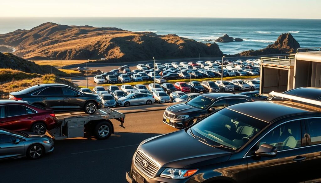 A busy auto transport lot in Lincoln City, Oregon. In the foreground, several shiny cars are carefully loaded onto large car carrier trucks, ready for transport. The middle ground shows the transport company's well-maintained facility, with neatly organized rows of vehicles awaiting shipment. In the background, the rugged coastal landscape of Lincoln City provides a picturesque natural backdrop, with the Pacific Ocean visible in the distance. Warm afternoon sunlight bathes the scene, creating a sense of professionalism and reliability. The overall atmosphere conveys the trusted and efficient auto transport services offered in this coastal community. A busy auto transport lot in Lincoln City, Oregon. In the foreground, several shiny cars are carefully loaded onto large car carrier trucks, ready for transport. The middle ground shows the transport company's well-maintained facility, with neatly organized rows of vehicles awaiting shipment. In the background, the rugged coastal landscape of Lincoln City provides a picturesque natural backdrop, with the Pacific Ocean visible in the distance. Warm afternoon sunlight bathes the scene, creating a sense of professionalism and reliability. The overall atmosphere conveys the trusted and efficient auto transport services offered in this coastal community.