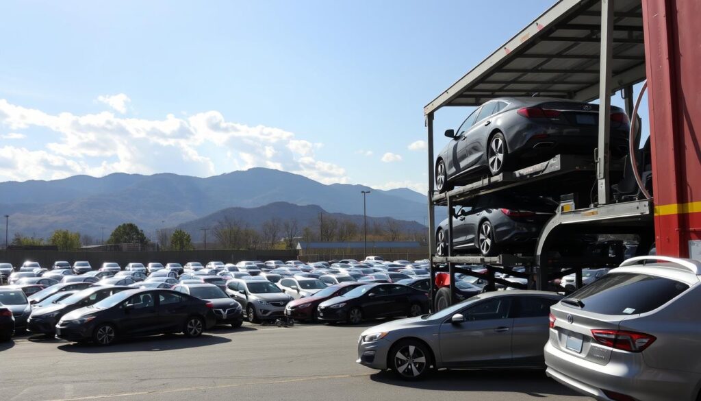 A busy car shipping lot in Chattanooga, Tennessee, with a fleet of gleaming automobiles awaiting transport. In the foreground, a car carrier truck is loaded with sedans and SUVs, its powerful hydraulic lift system in action. The middle ground features rows of neatly parked vehicles, their colors reflecting the sunlight that filters through the partially cloudy sky. In the background, the distinct silhouettes of the Appalachian Mountains provide a majestic backdrop, hinting at the scenic journey these cars will soon embark on. The scene conveys a sense of efficiency, professionalism, and the reliable local auto transport services available to the greater Knoxville area. A busy car shipping lot in Chattanooga, Tennessee, with a fleet of gleaming automobiles awaiting transport. In the foreground, a car carrier truck is loaded with sedans and SUVs, its powerful hydraulic lift system in action. The middle ground features rows of neatly parked vehicles, their colors reflecting the sunlight that filters through the partially cloudy sky. In the background, the distinct silhouettes of the Appalachian Mountains provide a majestic backdrop, hinting at the scenic journey these cars will soon embark on. The scene conveys a sense of efficiency, professionalism, and the reliable local auto transport services available to the greater Knoxville area.