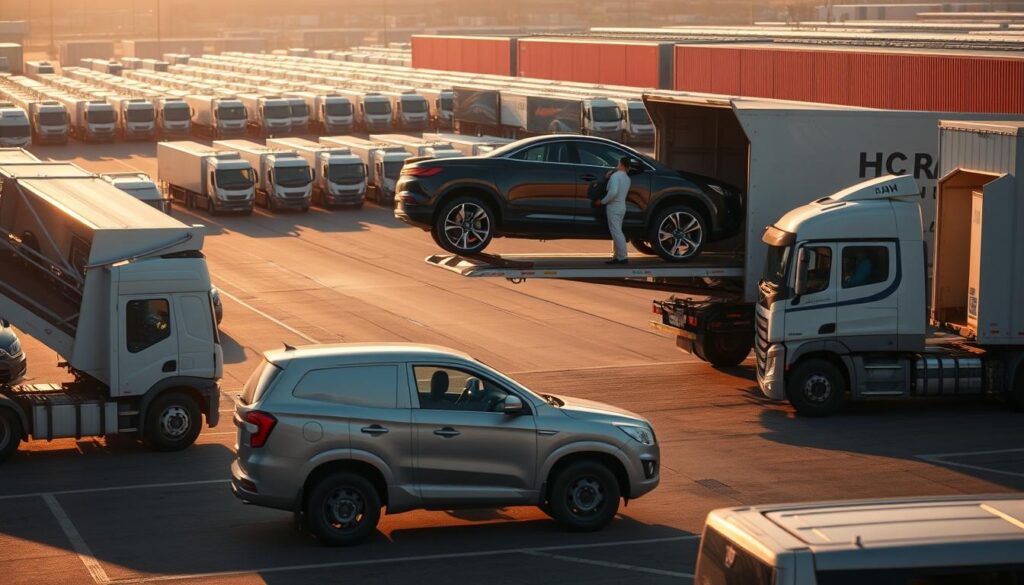 A car shipping yard in the foreground, with several vehicle transport trucks loading and unloading cars. In the middle ground, a car being carefully secured onto a truck's hauling platform. In the background, a fleet of transport trucks awaiting their next cargo. The scene is illuminated by warm, natural lighting, casting soft shadows across the vehicles. The atmosphere conveys a sense of efficiency and precision as the car shipping process unfolds. The camera angle is slightly elevated, providing a comprehensive view of the logistics involved in this specialized transportation service. A car shipping yard in the foreground, with several vehicle transport trucks loading and unloading cars. In the middle ground, a car being carefully secured onto a truck's hauling platform. In the background, a fleet of transport trucks awaiting their next cargo. The scene is illuminated by warm, natural lighting, casting soft shadows across the vehicles. The atmosphere conveys a sense of efficiency and precision as the car shipping process unfolds. The camera angle is slightly elevated, providing a comprehensive view of the logistics involved in this specialized transportation service.