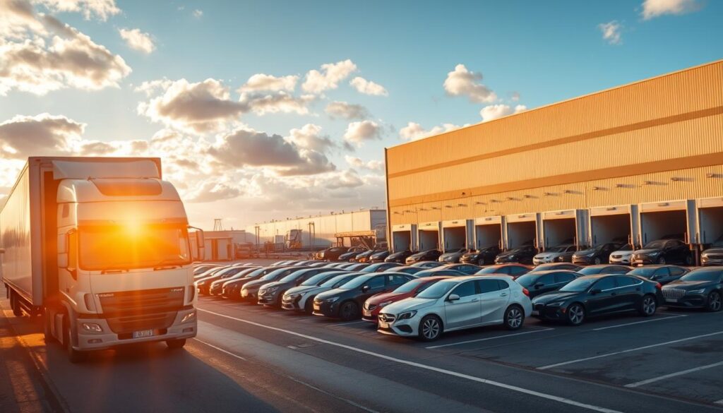 A car transport truck loading and unloading vehicles in the foreground, with a transport yard in the middle ground featuring rows of cars awaiting shipment. The scene is lit by warm, golden sunlight filtering through scattered clouds, casting soft shadows across the vehicles. The background shows the industrial facilities of a car shipping and auto transport company, with loading docks, warehouses, and transport infrastructure. The overall mood is one of efficient, professional car shipping operations, conveying a sense of reliability and attention to detail. A car transport truck loading and unloading vehicles in the foreground, with a transport yard in the middle ground featuring rows of cars awaiting shipment. The scene is lit by warm, golden sunlight filtering through scattered clouds, casting soft shadows across the vehicles. The background shows the industrial facilities of a car shipping and auto transport company, with loading docks, warehouses, and transport infrastructure. The overall mood is one of efficient, professional car shipping operations, conveying a sense of reliability and attention to detail.