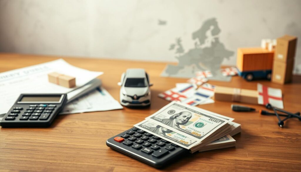 A carefully arranged still life on a wooden table, showcasing the essential elements of car shipping costs and fees. In the foreground, a calculator, a stack of US dollar bills, and various shipping-related documents, conveying the financial aspects. In the middle ground, a model car, a world map with the Netherlands highlighted, and shipping labels, representing the international nature of the service. The background features soft, warm lighting, creating a professional and trustworthy atmosphere, complemented by a subtle textured backdrop, suggesting attention to detail and quality. A carefully arranged still life on a wooden table, showcasing the essential elements of car shipping costs and fees. In the foreground, a calculator, a stack of US dollar bills, and various shipping-related documents, conveying the financial aspects. In the middle ground, a model car, a world map with the Netherlands highlighted, and shipping labels, representing the international nature of the service. The background features soft, warm lighting, creating a professional and trustworthy atmosphere, complemented by a subtle textured backdrop, suggesting attention to detail and quality.
