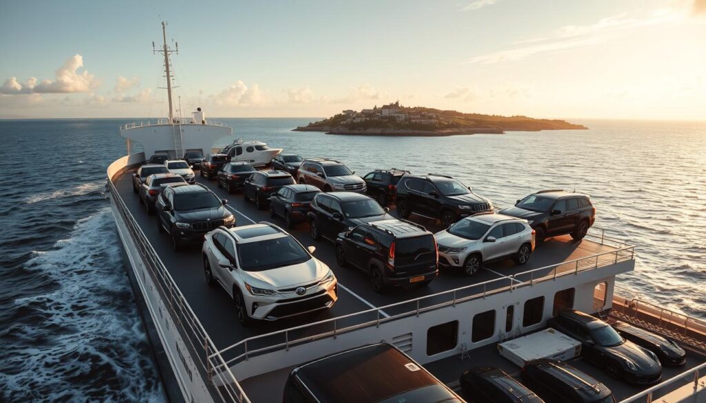 A cargo ship gracefully navigating the open waters, its deck laden with an assortment of vehicles, ranging from sleek sedans to rugged SUVs, all securely fastened and ready for transport. The sun's golden rays cast a warm glow, illuminating the scene with a sense of reliability and professionalism. In the background, the picturesque island of Guernsey sits nestled on the horizon, its lush greenery and charming architecture beckoning as the ultimate destination for these well-cared-for vehicles. The image conveys a seamless, insured journey, where customers can trust their prized possessions to be delivered with the utmost care and attention. A cargo ship gracefully navigating the open waters, its deck laden with an assortment of vehicles, ranging from sleek sedans to rugged SUVs, all securely fastened and ready for transport. The sun's golden rays cast a warm glow, illuminating the scene with a sense of reliability and professionalism. In the background, the picturesque island of Guernsey sits nestled on the horizon, its lush greenery and charming architecture beckoning as the ultimate destination for these well-cared-for vehicles. The image conveys a seamless, insured journey, where customers can trust their prized possessions to be delivered with the utmost care and attention.