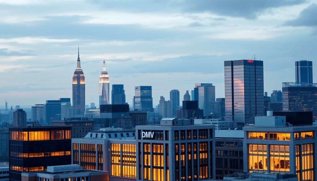 A cityscape of New York City, with the iconic skyline in the background, including the Empire State Building and other recognizable landmarks. In the foreground, a series of modern government buildings, meticulously detailed, representing the various locations of the New York Department of Motor Vehicles (DMV). The buildings are well-lit, with a warm, inviting ambiance, suggesting a professional and efficient environment. The scene is captured from a slightly elevated angle, allowing for a comprehensive view of the DMV locations and their integration within the larger urban landscape. The overall mood is one of organization, accessibility, and the efficient handling of essential government services.