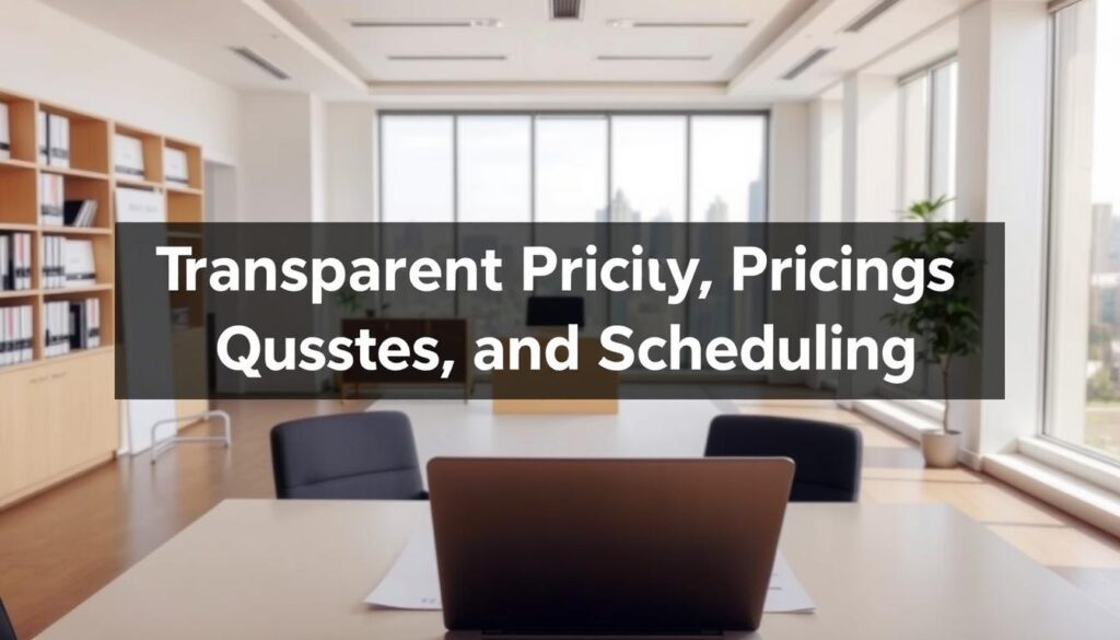 A clean, well-lit office interior with a large desk in the foreground. On the desk, a laptop and a stack of documents, suggesting an active work environment. In the middle ground, a bookshelf with various reference materials. The background features a large window overlooking a cityscape, letting in natural light and creating a sense of openness. The overall atmosphere is professional, organized, and inviting, reflecting the theme of "Transparent Pricing, Quotes, and Scheduling" for an auto transport service. A clean, well-lit office interior with a large desk in the foreground. On the desk, a laptop and a stack of documents, suggesting an active work environment. In the middle ground, a bookshelf with various reference materials. The background features a large window overlooking a cityscape, letting in natural light and creating a sense of openness. The overall atmosphere is professional, organized, and inviting, reflecting the theme of "Transparent Pricing, Quotes, and Scheduling" for an auto transport service.