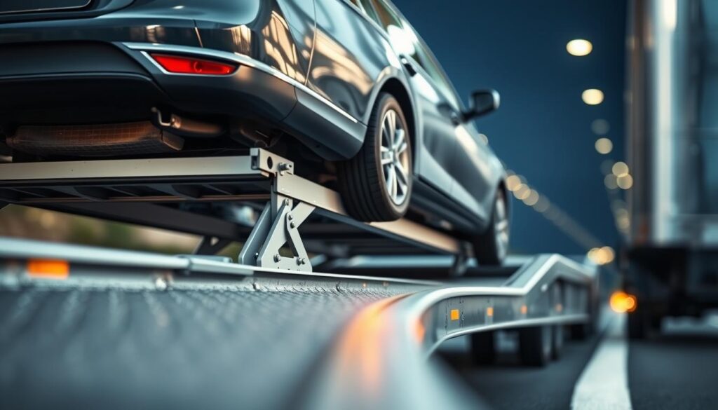 A close-up view of the auto transport process, showcasing the intricate steps involved in safely moving a car from one location to another. The foreground depicts a car being carefully loaded onto a specialized transport trailer, with the driver meticulously securing the vehicle in place. The middle ground reveals the transport trailer, its sturdy frame and efficient loading mechanism, highlighting the attention to detail and safety measures employed. The background features a smooth, well-lit highway, conveying a sense of efficiency and reliability in the overall transport operation. The scene is illuminated by a soft, natural light, creating a calming and professional atmosphere that reflects the expertise of the service provider. A close-up view of the auto transport process, showcasing the intricate steps involved in safely moving a car from one location to another. The foreground depicts a car being carefully loaded onto a specialized transport trailer, with the driver meticulously securing the vehicle in place. The middle ground reveals the transport trailer, its sturdy frame and efficient loading mechanism, highlighting the attention to detail and safety measures employed. The background features a smooth, well-lit highway, conveying a sense of efficiency and reliability in the overall transport operation. The scene is illuminated by a soft, natural light, creating a calming and professional atmosphere that reflects the expertise of the service provider.