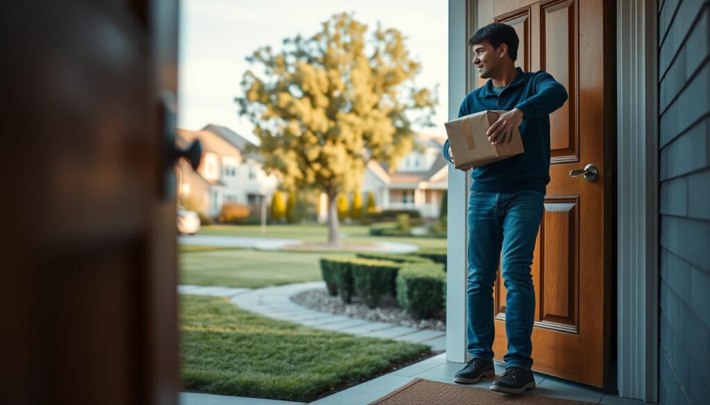 A delivery person standing on a residential doorstep, holding a package and pressing the doorbell. In the foreground, the door has a warm wooden finish and a classic design. The middle ground features a neatly landscaped yard with trimmed hedges and a paved walkway leading to the door. The background depicts a cozy suburban neighborhood with well-maintained houses, lush trees, and a clear blue sky with soft, diffused lighting, creating a welcoming and inviting atmosphere. A delivery person standing on a residential doorstep, holding a package and pressing the doorbell. In the foreground, the door has a warm wooden finish and a classic design. The middle ground features a neatly landscaped yard with trimmed hedges and a paved walkway leading to the door. The background depicts a cozy suburban neighborhood with well-maintained houses, lush trees, and a clear blue sky with soft, diffused lighting, creating a welcoming and inviting atmosphere.