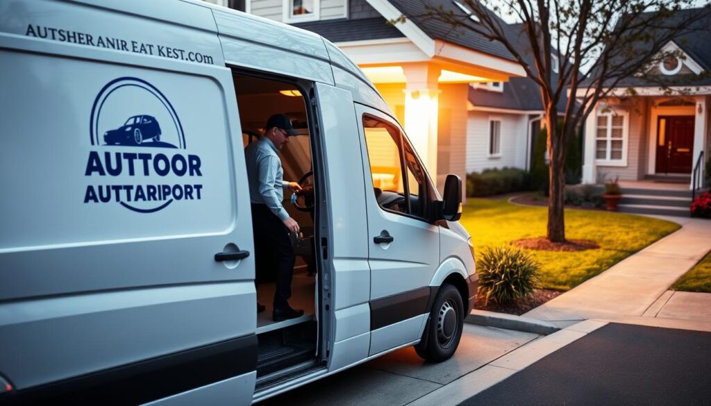 A delivery van pulls up to a residential home, its side emblazoned with the logo of a reputable auto transport company. The driver, wearing a crisp uniform, steps out and approaches the front door, carrying a set of car keys. The porch is well-lit, casting a warm glow on the scene. The neighborhood in the background is peaceful, with neatly trimmed lawns and well-maintained homes, conveying a sense of trust and reliability. The composition emphasizes the seamless, door-to-door nature of the auto transport service, with the van and driver creating a visual narrative of a smooth, hassle-free delivery process. A delivery van pulls up to a residential home, its side emblazoned with the logo of a reputable auto transport company. The driver, wearing a crisp uniform, steps out and approaches the front door, carrying a set of car keys. The porch is well-lit, casting a warm glow on the scene. The neighborhood in the background is peaceful, with neatly trimmed lawns and well-maintained homes, conveying a sense of trust and reliability. The composition emphasizes the seamless, door-to-door nature of the auto transport service, with the van and driver creating a visual narrative of a smooth, hassle-free delivery process.