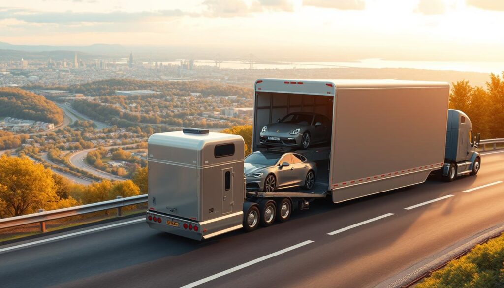 A detailed, 3D-rendered illustration of the auto transport process, showcasing the various stages involved. In the foreground, a car is being carefully loaded onto a specialized auto transport trailer using a hydraulic lift system. The middle ground features the transport truck in motion, navigating winding roads with the secured car in tow. In the background, a cityscape of Tarrytown, New York, provides context, with the Hudson River and iconic landmarks visible in the distance. The scene is illuminated by warm, golden-hour lighting, creating a sense of reliability and professionalism. The camera angle is slightly elevated, providing an optimal vantage point to observe the intricate steps of the auto transport process. A detailed, 3D-rendered illustration of the auto transport process, showcasing the various stages involved. In the foreground, a car is being carefully loaded onto a specialized auto transport trailer using a hydraulic lift system. The middle ground features the transport truck in motion, navigating winding roads with the secured car in tow. In the background, a cityscape of Tarrytown, New York, provides context, with the Hudson River and iconic landmarks visible in the distance. The scene is illuminated by warm, golden-hour lighting, creating a sense of reliability and professionalism. The camera angle is slightly elevated, providing an optimal vantage point to observe the intricate steps of the auto transport process.
