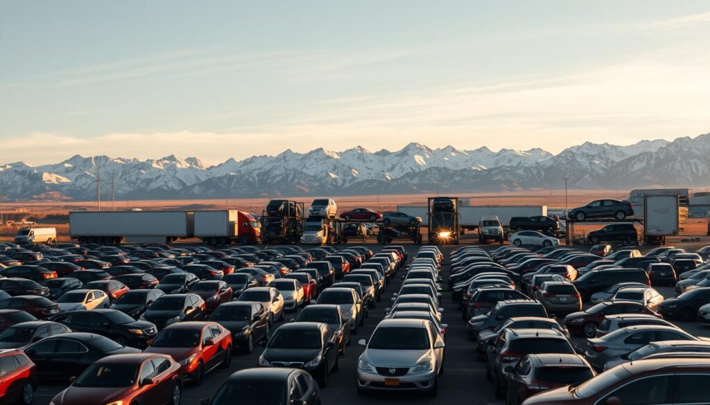 A detailed aerial view of a bustling car shipping yard in Kemmerer, Wyoming. In the foreground, rows of neatly parked vehicles await transport, their shiny exteriors gleaming under the warm, golden sunlight. The middle ground features towering car hauler trucks, their trailers loaded with a mix of sedans, SUVs, and pickup trucks, ready to embark on their journeys. In the background, the rugged, snow-capped Rocky Mountains provide a picturesque backdrop, creating a serene and picturesque scene. The overall atmosphere exudes a sense of efficiency, reliability, and the importance of Kemmerer's role in the car shipping and auto transport industry. A detailed aerial view of a bustling car shipping yard in Kemmerer, Wyoming. In the foreground, rows of neatly parked vehicles await transport, their shiny exteriors gleaming under the warm, golden sunlight. The middle ground features towering car hauler trucks, their trailers loaded with a mix of sedans, SUVs, and pickup trucks, ready to embark on their journeys. In the background, the rugged, snow-capped Rocky Mountains provide a picturesque backdrop, creating a serene and picturesque scene. The overall atmosphere exudes a sense of efficiency, reliability, and the importance of Kemmerer's role in the car shipping and auto transport industry.