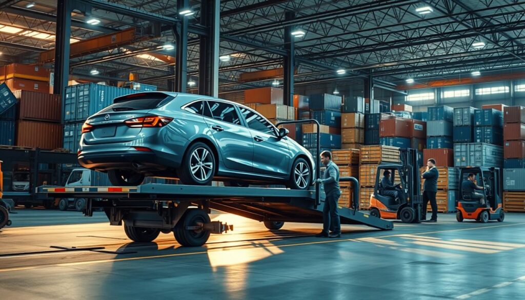 A detailed car shipping process in an industrial warehouse setting. In the foreground, a car being carefully loaded onto a multi-level car carrier using a hydraulic ramp. The middle ground shows workers meticulously inspecting and securing the vehicle. In the background, stacks of shipping containers, forklifts, and other shipping equipment create a bustling logistics hub. The scene is illuminated by a mix of natural and artificial lighting, casting long shadows and highlighting the technical precision of the operation. An atmosphere of efficiency, attention to detail, and logistical expertise pervades the image. A detailed car shipping process in an industrial warehouse setting. In the foreground, a car being carefully loaded onto a multi-level car carrier using a hydraulic ramp. The middle ground shows workers meticulously inspecting and securing the vehicle. In the background, stacks of shipping containers, forklifts, and other shipping equipment create a bustling logistics hub. The scene is illuminated by a mix of natural and artificial lighting, casting long shadows and highlighting the technical precision of the operation. An atmosphere of efficiency, attention to detail, and logistical expertise pervades the image.