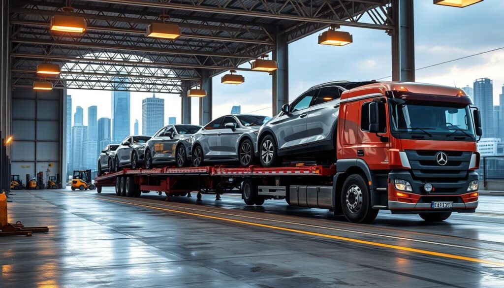 A detailed, high-resolution image of an auto transport service operation. In the foreground, a large car carrier truck is loading a row of shiny, late-model vehicles onto its multi-level trailer, with the driver overseeing the process. In the middle ground, the truck is situated in a well-lit, modern auto transport facility, with forklifts and other support equipment visible. The background depicts an urban cityscape with skyscrapers, suggesting a bustling metropolitan area. The lighting is a mix of natural daylight and warm, industrial overhead lamps, creating a sense of efficiency and professionalism. The overall scene conveys the reliable, state-of-the-art nature of Kenmore's auto transport services. A detailed, high-resolution image of an auto transport service operation. In the foreground, a large car carrier truck is loading a row of shiny, late-model vehicles onto its multi-level trailer, with the driver overseeing the process. In the middle ground, the truck is situated in a well-lit, modern auto transport facility, with forklifts and other support equipment visible. The background depicts an urban cityscape with skyscrapers, suggesting a bustling metropolitan area. The lighting is a mix of natural daylight and warm, industrial overhead lamps, creating a sense of efficiency and professionalism. The overall scene conveys the reliable, state-of-the-art nature of Kenmore's auto transport services.