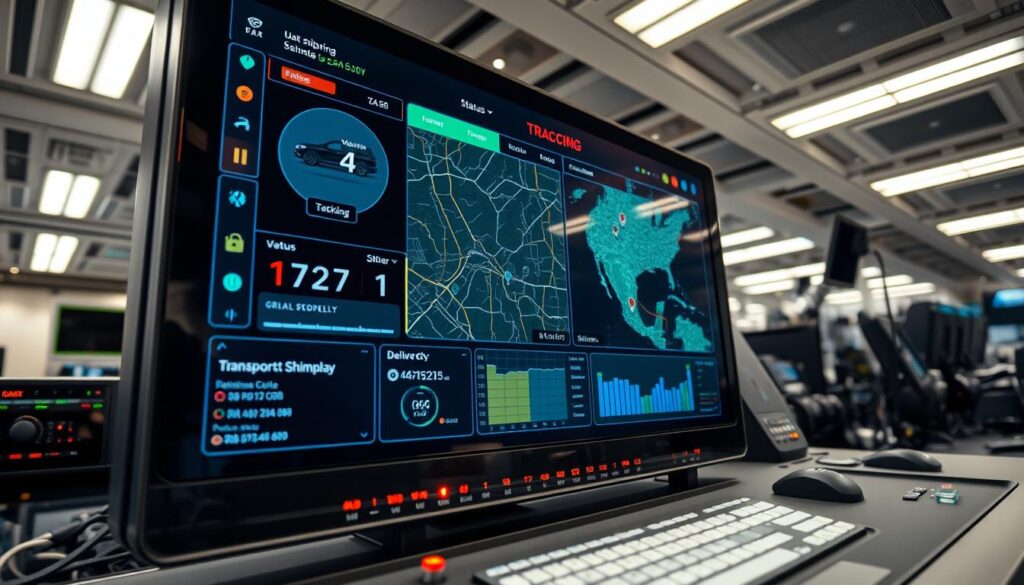 A detailed image of a car shipping tracking screen in Oklahoma City, showcasing the real-time status of a vehicle transport. The foreground features a large digital display with a GPS map, tracking information, and delivery details. The middle ground includes various control panels, buttons, and status indicators. The background subtly depicts the interior of a modern logistics command center, with sophisticated equipment and a professional, tech-savvy atmosphere. The lighting is clean, bright, and evenly distributed, creating a sense of efficiency and reliability. The angle is slightly elevated, providing a comprehensive overview of the tracking system, conveying the seamless experience of monitoring an auto transport shipment.