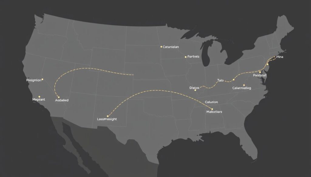 A detailed map of popular car shipping routes, showcasing the extensive coverage and connectivity of reliable auto transport services. The map is rendered in a sleek, modern style with clean lines, muted colors, and subtle shading to convey a sense of professionalism and expertise. The routes are depicted as smooth, interconnected curves winding through a minimalist landscape, highlighting the efficient and comprehensive nature of the transportation network. The composition emphasizes the breadth and depth of the service area, conveying a strong impression of the company's ability to handle a wide range of shipping needs with precision and reliability. A detailed map of popular car shipping routes, showcasing the extensive coverage and connectivity of reliable auto transport services. The map is rendered in a sleek, modern style with clean lines, muted colors, and subtle shading to convey a sense of professionalism and expertise. The routes are depicted as smooth, interconnected curves winding through a minimalist landscape, highlighting the efficient and comprehensive nature of the transportation network. The composition emphasizes the breadth and depth of the service area, conveying a strong impression of the company's ability to handle a wide range of shipping needs with precision and reliability.