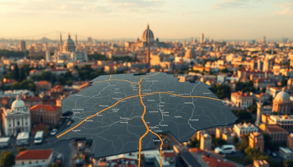 A detailed road map displaying the comprehensive coverage areas and service zones for a prominent car shipping company in Rome. The map occupies the center focus, rendered with high fidelity using a cinematic lighting setup and a wide-angle lens to capture the intricate network of highways, roads, and transportation hubs. The background features a soft, atmospheric cityscape of Rome's iconic landmarks, bathed in a warm, golden-hour glow to convey a sense of reliability and trustworthiness. The overall composition emphasizes the company's extensive reach and expertise in servicing the diverse transportation needs of Rome and its surrounding regions.