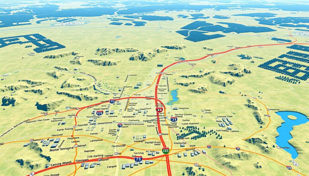 A detailed topographical map of major transportation routes radiating out from Tonawanda, New York. The foreground depicts the city's local streets and highways leading to major interstates. The middle ground shows the sprawling interstate system connecting Tonawanda to major metropolitan areas across the United States, with distinct routes highlighted in different colors. The background features a detailed terrain with mountains, forests, and bodies of water to provide geographic context. Rendered in a realistic, high-contrast style with a slightly muted color palette to convey a sense of utility and practicality. Lit by natural daylight, with a shallow depth of field to draw the viewer's eye to the primary transportation routes.