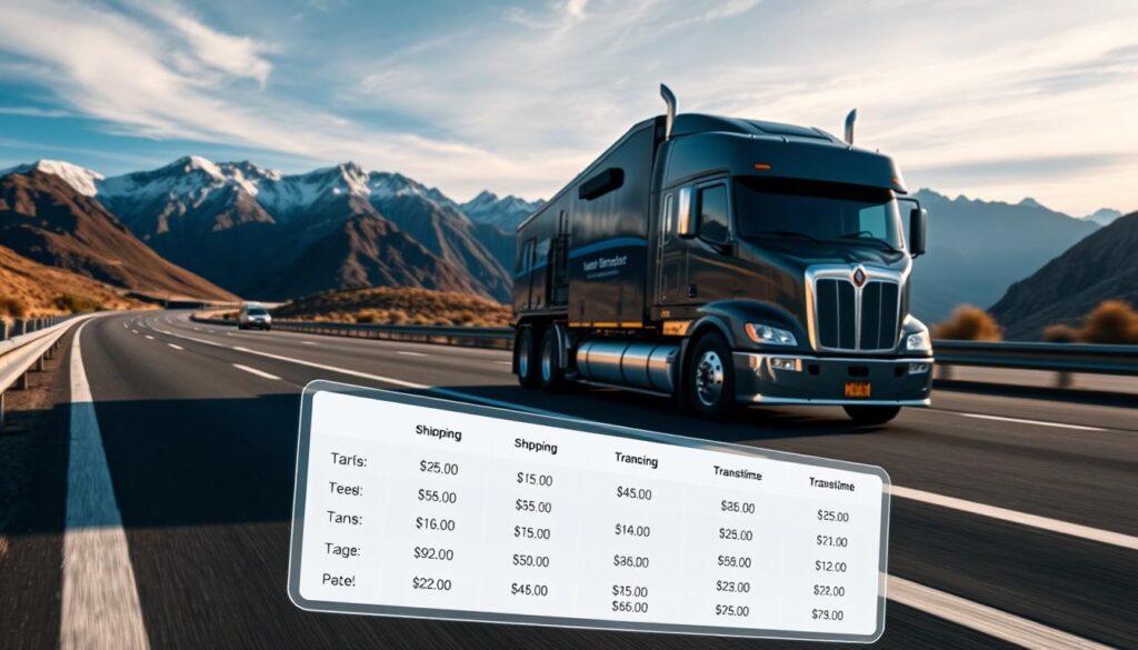 A detailed, wide-angled shot of an auto transport truck on a highway, highlighting the pricing and transit time information. The truck is centered in the frame, surrounded by a mountainous landscape with a vibrant blue sky. The truck's cab and trailer are meticulously detailed, showcasing the company's branding and signage. The lighting is warm and natural, casting subtle shadows on the vehicle. In the foreground, a transparent pricing table hovers, displaying the various shipping options and corresponding rates. The background features a subtle gradient, creating a sense of depth and focus on the central subject. The overall composition conveys the reliability and professionalism of the auto transport service. A detailed, wide-angled shot of an auto transport truck on a highway, highlighting the pricing and transit time information. The truck is centered in the frame, surrounded by a mountainous landscape with a vibrant blue sky. The truck's cab and trailer are meticulously detailed, showcasing the company's branding and signage. The lighting is warm and natural, casting subtle shadows on the vehicle. In the foreground, a transparent pricing table hovers, displaying the various shipping options and corresponding rates. The background features a subtle gradient, creating a sense of depth and focus on the central subject. The overall composition conveys the reliability and professionalism of the auto transport service.