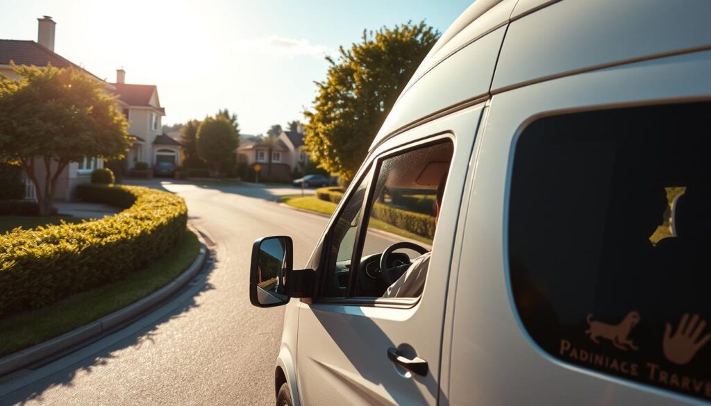 A door-to-door delivery service van, freshly washed and gleaming, cruising down a suburban street lined with neatly trimmed hedges and well-maintained homes. The driver, dressed in a crisp uniform, carefully navigates the winding road, keeping a watchful eye for the correct address. The van's side panels display the company's logo and contact information, conveying a sense of professionalism and reliability. Warm sunlight filters through the vehicle's windshield, casting a soft, golden glow on the scene. In the background, a few distant clouds dot the clear, azure sky, adding to the serene and tranquil atmosphere. A door-to-door delivery service van, freshly washed and gleaming, cruising down a suburban street lined with neatly trimmed hedges and well-maintained homes. The driver, dressed in a crisp uniform, carefully navigates the winding road, keeping a watchful eye for the correct address. The van's side panels display the company's logo and contact information, conveying a sense of professionalism and reliability. Warm sunlight filters through the vehicle's windshield, casting a soft, golden glow on the scene. In the background, a few distant clouds dot the clear, azure sky, adding to the serene and tranquil atmosphere.