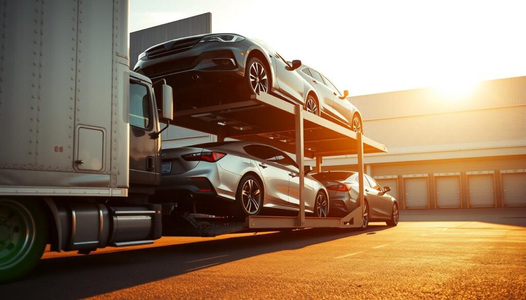 A dynamic auto transport process unfolds, showcasing a large semi-truck maneuvering to load several gleaming cars onto its specialized carrier. The scene is captured from a low angle, highlighting the imposing scale of the vehicle and the efficient workflow. Warm, golden sunlight casts dramatic shadows, creating a sense of motion and anticipation. In the background, a neatly organized storage yard provides the perfect setting for this meticulously orchestrated transportation operation. The overall composition conveys a sense of professionalism, reliability, and attention to detail, reflecting the high-quality service promised in the article's section. A dynamic auto transport process unfolds, showcasing a large semi-truck maneuvering to load several gleaming cars onto its specialized carrier. The scene is captured from a low angle, highlighting the imposing scale of the vehicle and the efficient workflow. Warm, golden sunlight casts dramatic shadows, creating a sense of motion and anticipation. In the background, a neatly organized storage yard provides the perfect setting for this meticulously orchestrated transportation operation. The overall composition conveys a sense of professionalism, reliability, and attention to detail, reflecting the high-quality service promised in the article's section.