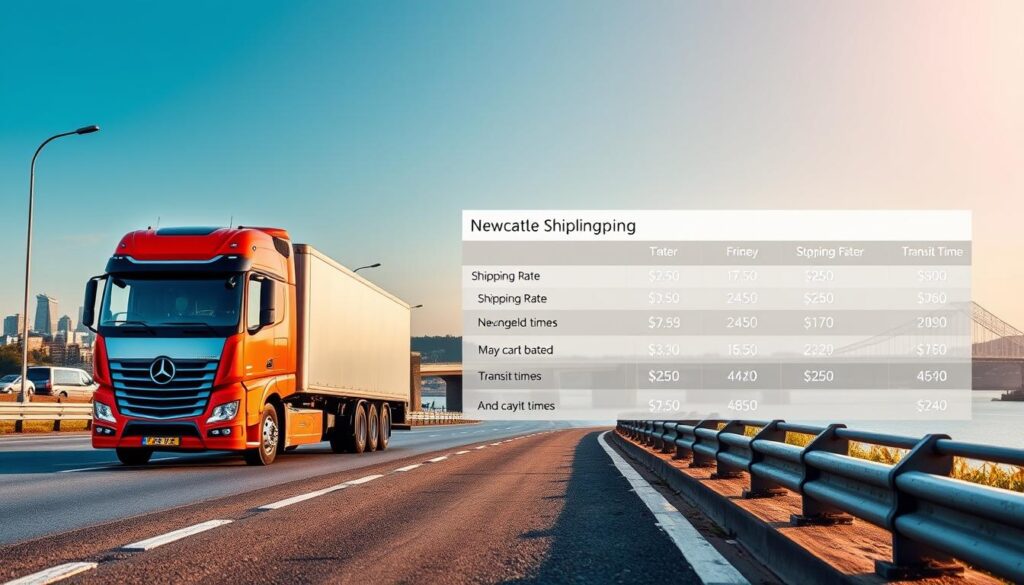 A finely crafted image of car shipping pricing, showcasing a modern car transport truck on a coastal highway, set against a backdrop of the iconic Newcastle skyline. The truck is in the foreground, its sleek design and bright livery catching the eye. In the middle ground, a detailed breakdown of shipping rates and transit times is displayed, presented in a clean and informative layout. The background features the picturesque Newcastle cityscape, with the famous Tyne Bridge and the River Tyne creating a serene and atmospheric setting. The lighting is soft and natural, casting a warm glow over the scene. The overall composition is balanced and visually appealing, perfectly capturing the essence of the "Newcastle Car Shipping Pricing and Transit Times" section. A finely crafted image of car shipping pricing, showcasing a modern car transport truck on a coastal highway, set against a backdrop of the iconic Newcastle skyline. The truck is in the foreground, its sleek design and bright livery catching the eye. In the middle ground, a detailed breakdown of shipping rates and transit times is displayed, presented in a clean and informative layout. The background features the picturesque Newcastle cityscape, with the famous Tyne Bridge and the River Tyne creating a serene and atmospheric setting. The lighting is soft and natural, casting a warm glow over the scene. The overall composition is balanced and visually appealing, perfectly capturing the essence of the "Newcastle Car Shipping Pricing and Transit Times" section.