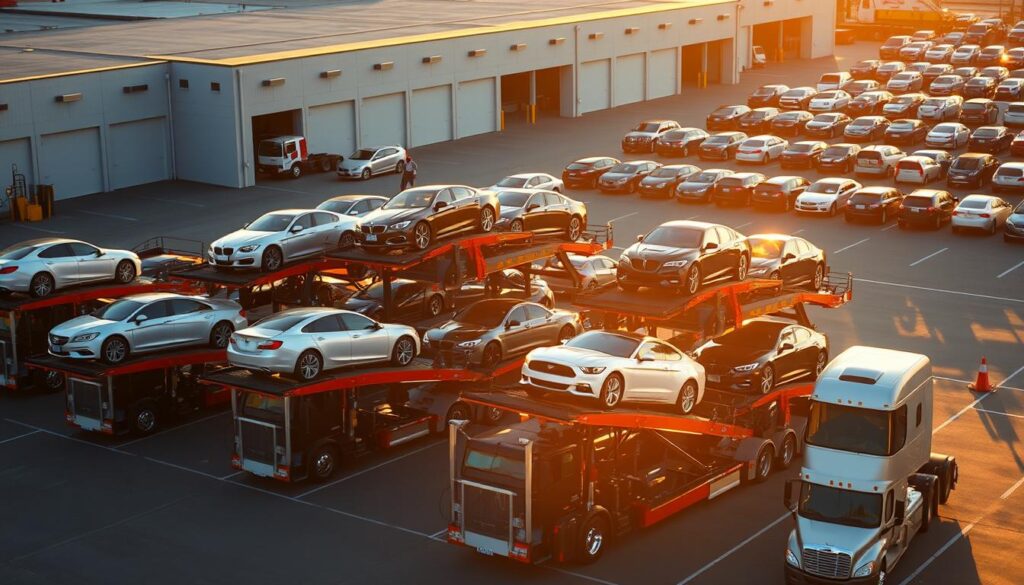 A fleet of car carrier trucks, their sturdy frames and hydraulic lifts proudly displayed, transporting a diverse array of vehicles with the utmost care. The trucks are arranged in a professional and organized manner, conveying the expertise of the Dunkirk auto transport providers. The scene is bathed in warm, golden sunlight, casting long shadows and highlighting the glossy finishes of the cars. The background features a modern, well-maintained transportation depot, with neatly organized parking spaces and a sense of efficiency. The overall atmosphere exudes a feeling of reliable, high-quality car shipping services. A fleet of car carrier trucks, their sturdy frames and hydraulic lifts proudly displayed, transporting a diverse array of vehicles with the utmost care. The trucks are arranged in a professional and organized manner, conveying the expertise of the Dunkirk auto transport providers. The scene is bathed in warm, golden sunlight, casting long shadows and highlighting the glossy finishes of the cars. The background features a modern, well-maintained transportation depot, with neatly organized parking spaces and a sense of efficiency. The overall atmosphere exudes a feeling of reliable, high-quality car shipping services.