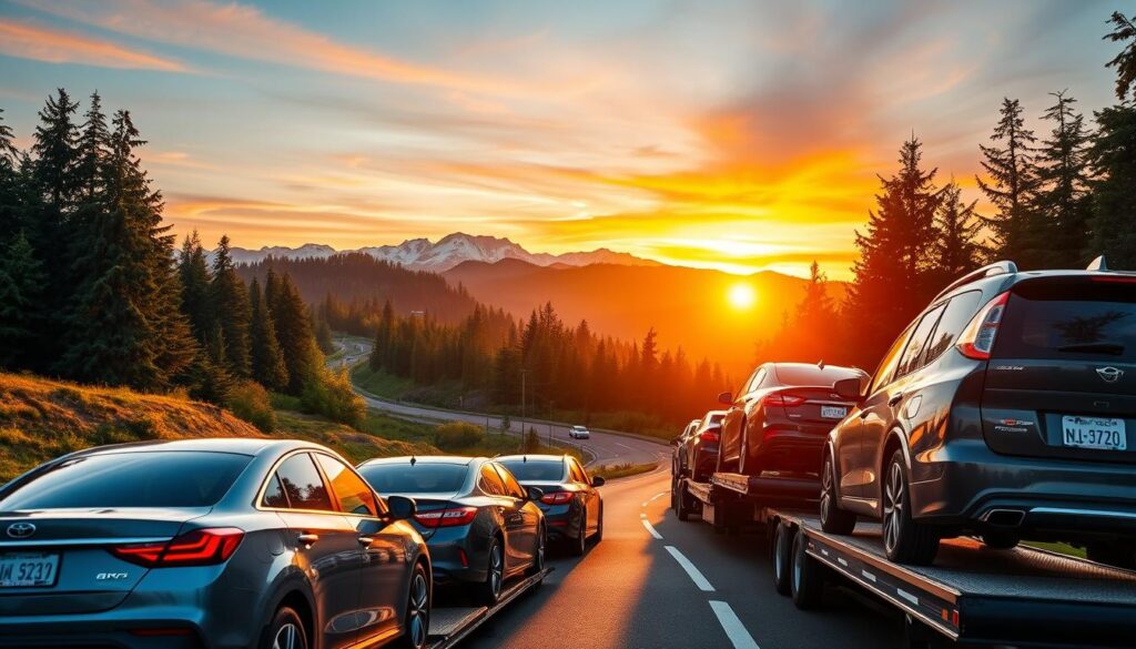 A fleet of car carriers transporting vehicles along a scenic highway in Snoqualmie, Washington. In the foreground, several sleek sedans and SUVs are securely loaded onto the specialized trailers, their glossy finishes gleaming under the warm, golden light of the Pacific Northwest sunset. The middle ground features the winding road cutting through the lush, verdant landscape, dotted with towering evergreen trees. In the distance, the majestic Cascade Mountains rise, their snow-capped peaks silhouetted against the vibrant, fiery sky. The composition conveys a sense of professionalism, reliability, and the careful attention to detail expected from a trusted car shipping service serving the Snoqualmie and Seattle-Eastside corridor. A fleet of car carriers transporting vehicles along a scenic highway in Snoqualmie, Washington. In the foreground, several sleek sedans and SUVs are securely loaded onto the specialized trailers, their glossy finishes gleaming under the warm, golden light of the Pacific Northwest sunset. The middle ground features the winding road cutting through the lush, verdant landscape, dotted with towering evergreen trees. In the distance, the majestic Cascade Mountains rise, their snow-capped peaks silhouetted against the vibrant, fiery sky. The composition conveys a sense of professionalism, reliability, and the careful attention to detail expected from a trusted car shipping service serving the Snoqualmie and Seattle-Eastside corridor.