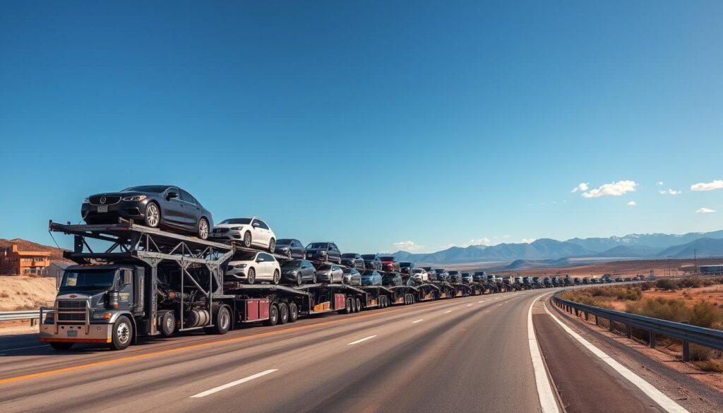 A fleet of massive, gleaming auto transport carriers gliding along a wide, sun-drenched highway. In the foreground, the carriers' sturdy frames support multiple tiers of meticulously loaded vehicles, their chrome trim and glossy paint reflecting the warm light. In the middle ground, the carriers' powerful engines propel them smoothly forward, their air-cushioned suspensions absorbing the road's undulations. The background features a panoramic landscape of rolling hills, distant mountains, and a cloudless azure sky, conveying a sense of efficiency, reliability, and the open road. Crisp, high-resolution photography captures every detail, from the carriers' sturdy construction to the pristine condition of the transported vehicles. A fleet of massive, gleaming auto transport carriers gliding along a wide, sun-drenched highway. In the foreground, the carriers' sturdy frames support multiple tiers of meticulously loaded vehicles, their chrome trim and glossy paint reflecting the warm light. In the middle ground, the carriers' powerful engines propel them smoothly forward, their air-cushioned suspensions absorbing the road's undulations. The background features a panoramic landscape of rolling hills, distant mountains, and a cloudless azure sky, conveying a sense of efficiency, reliability, and the open road. Crisp, high-resolution photography captures every detail, from the carriers' sturdy construction to the pristine condition of the transported vehicles.