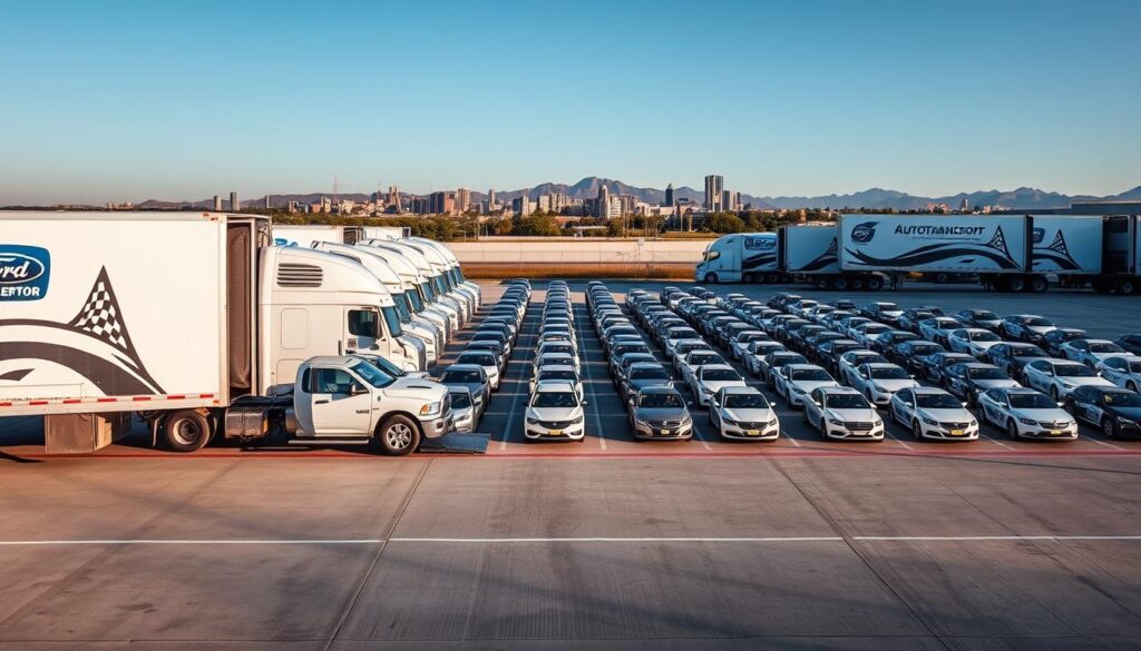 A fleet of modern auto transport trucks lined up in a well-lit, spacious auto transport yard. The trucks feature prominent logos and branding, conveying a professional, reliable service. In the foreground, a car is being carefully loaded onto one of the trucks using hydraulic lift gates. The middle ground showcases the expansive yard with meticulously organized rows of vehicles awaiting transport. In the background, the Pendleton skyline is visible, hinting at the local setting. The overall scene exudes a sense of efficiency, care, and attention to detail that one would expect from a top-tier auto transport service. A fleet of modern auto transport trucks lined up in a well-lit, spacious auto transport yard. The trucks feature prominent logos and branding, conveying a professional, reliable service. In the foreground, a car is being carefully loaded onto one of the trucks using hydraulic lift gates. The middle ground showcases the expansive yard with meticulously organized rows of vehicles awaiting transport. In the background, the Pendleton skyline is visible, hinting at the local setting. The overall scene exudes a sense of efficiency, care, and attention to detail that one would expect from a top-tier auto transport service.