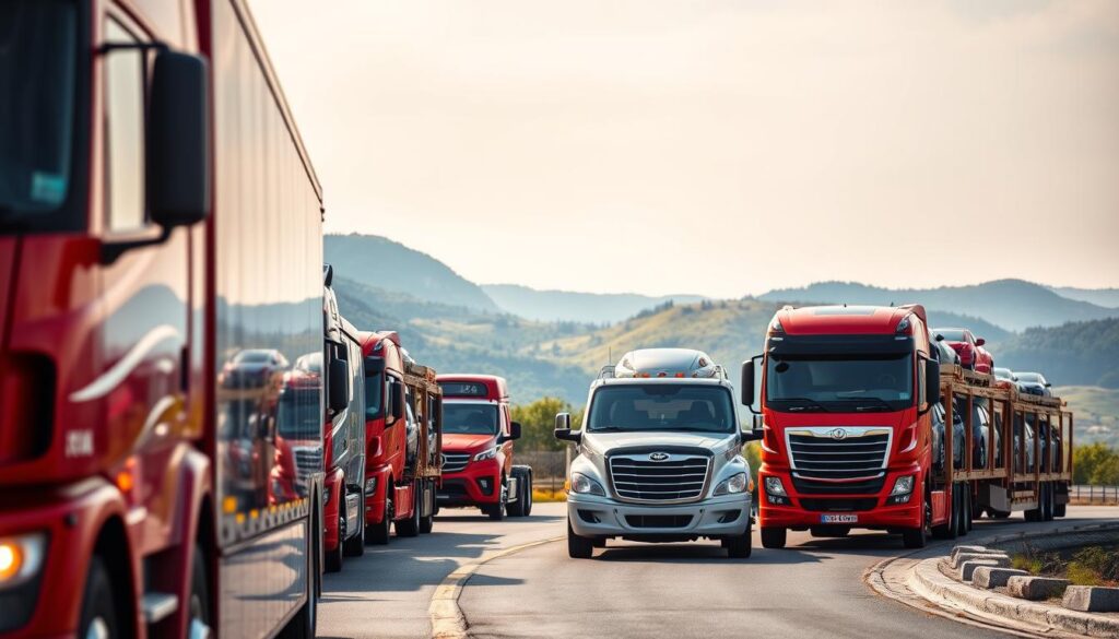 A fleet of modern car carrier trucks transporting a variety of vehicles in a well-organized, efficient manner. The trucks are positioned in the foreground, their sleek designs and bright, glossy finishes catching the eye. In the middle ground, a scenic mountain landscape provides a picturesque backdrop, with rolling hills and lush greenery. The lighting is soft and even, casting a warm, inviting glow over the scene. The camera angle is slightly elevated, allowing for a comprehensive view of the car shipping operation. The overall atmosphere conveys a sense of professionalism, reliability, and attention to detail in the safe, on-time delivery of the vehicles. A fleet of modern car carrier trucks transporting a variety of vehicles in a well-organized, efficient manner. The trucks are positioned in the foreground, their sleek designs and bright, glossy finishes catching the eye. In the middle ground, a scenic mountain landscape provides a picturesque backdrop, with rolling hills and lush greenery. The lighting is soft and even, casting a warm, inviting glow over the scene. The camera angle is slightly elevated, allowing for a comprehensive view of the car shipping operation. The overall atmosphere conveys a sense of professionalism, reliability, and attention to detail in the safe, on-time delivery of the vehicles.