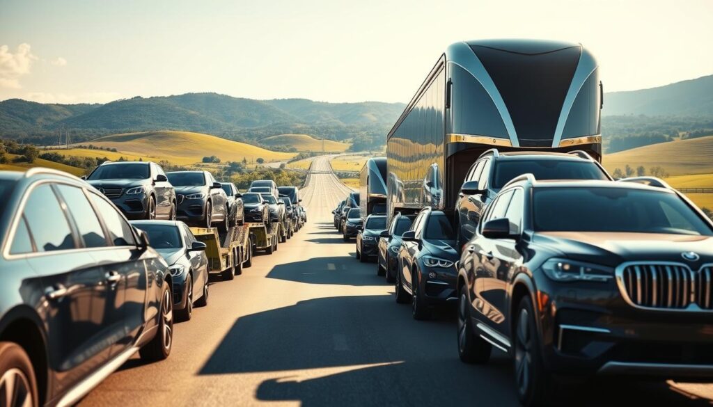 A fleet of modern car carriers transporting a diverse range of vehicles on a sunlit highway. In the foreground, sleek sedans and rugged SUVs are securely loaded, while in the middle ground, the towering auto transport trailers glide effortlessly, their streamlined design reflecting the clear sky. The background features rolling hills and lush greenery, creating a serene and picturesque scene. The lighting is warm and natural, casting gentle shadows and highlighting the gleaming chrome details of the vehicles. The perspective is slightly elevated, providing an encompassing view of the reliable and efficient auto transport services at work. A fleet of modern car carriers transporting a diverse range of vehicles on a sunlit highway. In the foreground, sleek sedans and rugged SUVs are securely loaded, while in the middle ground, the towering auto transport trailers glide effortlessly, their streamlined design reflecting the clear sky. The background features rolling hills and lush greenery, creating a serene and picturesque scene. The lighting is warm and natural, casting gentle shadows and highlighting the gleaming chrome details of the vehicles. The perspective is slightly elevated, providing an encompassing view of the reliable and efficient auto transport services at work.