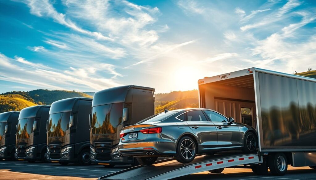 A fleet of modern car transport trucks neatly lined up, ready to safely deliver a diverse array of vehicles to their destinations. The trucks' sleek, metallic exteriors glisten under the warm, golden sunlight filtering through wispy clouds in a clear, blue sky. In the foreground, a shiny, premium sedan is being expertly loaded onto one of the trucks using a sophisticated hydraulic ramp system. The background features the lush, rolling hills and verdant trees that characterize the scenic Mountain View landscape. An atmosphere of professionalism, reliability, and environmental harmony pervades the scene, reflecting the trusted reputation of the local vehicle shipping service. A fleet of modern car transport trucks neatly lined up, ready to safely deliver a diverse array of vehicles to their destinations. The trucks' sleek, metallic exteriors glisten under the warm, golden sunlight filtering through wispy clouds in a clear, blue sky. In the foreground, a shiny, premium sedan is being expertly loaded onto one of the trucks using a sophisticated hydraulic ramp system. The background features the lush, rolling hills and verdant trees that characterize the scenic Mountain View landscape. An atmosphere of professionalism, reliability, and environmental harmony pervades the scene, reflecting the trusted reputation of the local vehicle shipping service.