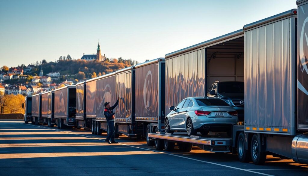 A fleet of modern car transport trucks, their trailers neatly lined up, awaiting vehicles to be loaded with utmost care. The scene is bathed in warm, golden light, creating a sense of reliability and professionalism. In the foreground, a skilled driver carefully secures a luxury sedan onto the trailer, ensuring its safe transport. The middle ground showcases the company's attention to detail, with the trucks' pristine exteriors and well-maintained equipment. In the background, the picturesque town of Warrenton, Virginia, provides a serene backdrop, emphasizing the local focus of the auto transport service. The overall atmosphere conveys a seamless, trustworthy experience for vehicle owners seeking reliable transport to and from the Warrenton area. A fleet of modern car transport trucks, their trailers neatly lined up, awaiting vehicles to be loaded with utmost care. The scene is bathed in warm, golden light, creating a sense of reliability and professionalism. In the foreground, a skilled driver carefully secures a luxury sedan onto the trailer, ensuring its safe transport. The middle ground showcases the company's attention to detail, with the trucks' pristine exteriors and well-maintained equipment. In the background, the picturesque town of Warrenton, Virginia, provides a serene backdrop, emphasizing the local focus of the auto transport service. The overall atmosphere conveys a seamless, trustworthy experience for vehicle owners seeking reliable transport to and from the Warrenton area.