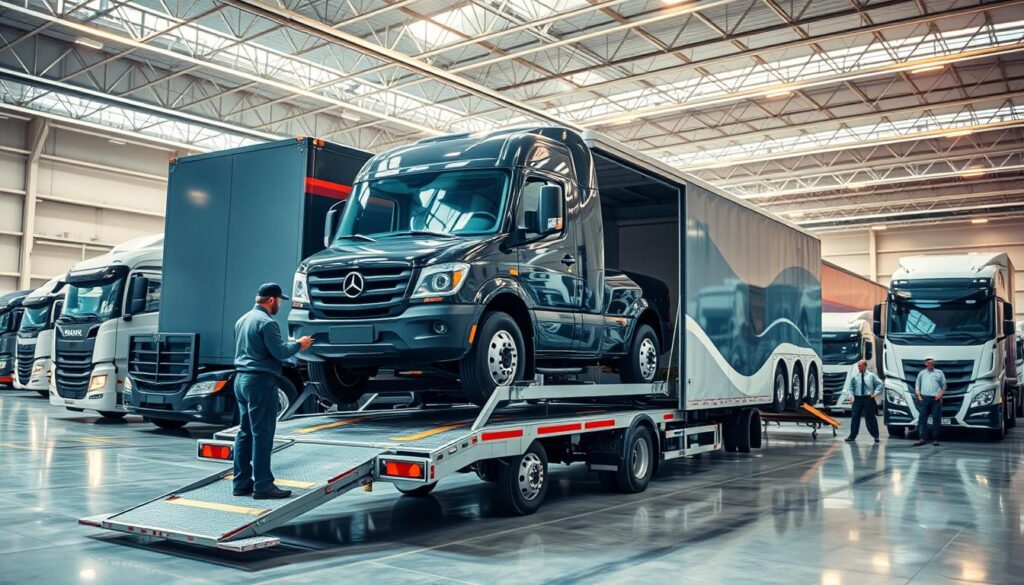 A fleet of modern delivery trucks in a well-lit warehouse, their glossy exteriors gleaming. In the foreground, a skilled driver carefully maneuvers a vehicle onto a specialized transport trailer, ensuring secure and efficient loading. The mid-ground showcases various transport methods, from open-air car carriers to enclosed car haulers, all meticulously maintained. In the background, a team of logistics experts monitors the operation, ensuring timely and reliable vehicle transport. The lighting is a blend of warm, natural tones and cool, industrial hues, creating a professional and reassuring atmosphere. A fleet of modern delivery trucks in a well-lit warehouse, their glossy exteriors gleaming. In the foreground, a skilled driver carefully maneuvers a vehicle onto a specialized transport trailer, ensuring secure and efficient loading. The mid-ground showcases various transport methods, from open-air car carriers to enclosed car haulers, all meticulously maintained. In the background, a team of logistics experts monitors the operation, ensuring timely and reliable vehicle transport. The lighting is a blend of warm, natural tones and cool, industrial hues, creating a professional and reassuring atmosphere.