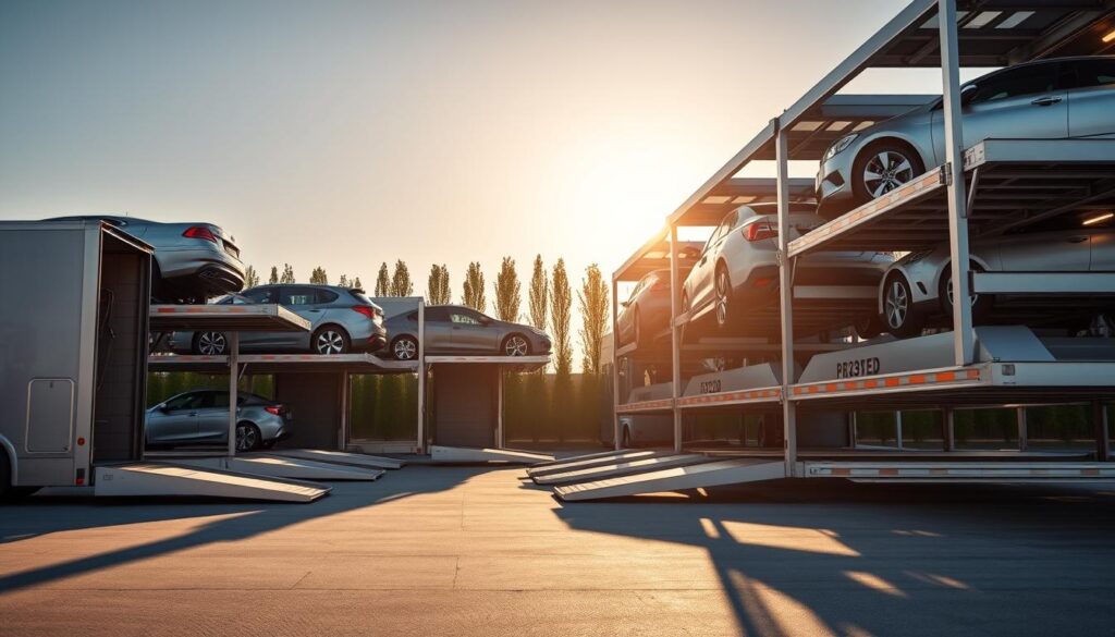 A fleet of modern, well-maintained auto transport carriers stands proudly in a sunlit, spacious Lakewood logistics yard. Sleek, metallic car haulers line up, their ramps extended, ready to efficiently and safely transport a diverse selection of vehicles. The carriers feature multiple levels, allowing for the secure stacking of cars. Crisp shadows and warm, natural lighting accentuate the carriers' sturdy frames and gleaming finishes, conveying a sense of professionalism and reliability. In the background, the yard is framed by neatly arranged rows of trees, suggesting a well-organized, environmentally-conscious operation. This image encapsulates the specialized capabilities and meticulous attention to detail that define the Lakewood car transport company.