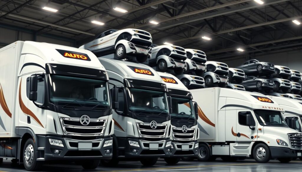 A fleet of modern, well-maintained auto transport trucks parked in a sleek, contemporary logistics hub. The trucks are adorned with glossy chrome accents and the company's bold, striking logo. Towering stacks of vehicles in the background, neatly arranged and ready for safe, efficient delivery. Bright, even lighting illuminates the scene, creating a sense of professionalism and reliability. The camera angle is slightly elevated, providing an encompassing view of the entire operation. An atmosphere of precision, organization, and customer-centric service permeates the image. A fleet of modern, well-maintained auto transport trucks parked in a sleek, contemporary logistics hub. The trucks are adorned with glossy chrome accents and the company's bold, striking logo. Towering stacks of vehicles in the background, neatly arranged and ready for safe, efficient delivery. Bright, even lighting illuminates the scene, creating a sense of professionalism and reliability. The camera angle is slightly elevated, providing an encompassing view of the entire operation. An atmosphere of precision, organization, and customer-centric service permeates the image.