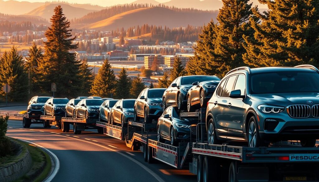 A fleet of reliable car carriers transporting a diverse array of vehicles along a winding Redmond highway. The foreground features several gleaming sedans and SUVs securely loaded onto the large transport trucks, their exteriors meticulously polished. In the middle ground, the scene is framed by lush evergreen trees and rolling hills bathed in warm, golden afternoon light. The background showcases the vibrant, modern cityscape of Redmond, Washington, with its distinctive architecture and infrastructure. The image conveys a sense of efficiency, professionalism, and attention to detail in the Redmond auto transport services, tailored to seamlessly facilitate vehicle relocation for discerning customers. A fleet of reliable car carriers transporting a diverse array of vehicles along a winding Redmond highway. The foreground features several gleaming sedans and SUVs securely loaded onto the large transport trucks, their exteriors meticulously polished. In the middle ground, the scene is framed by lush evergreen trees and rolling hills bathed in warm, golden afternoon light. The background showcases the vibrant, modern cityscape of Redmond, Washington, with its distinctive architecture and infrastructure. The image conveys a sense of efficiency, professionalism, and attention to detail in the Redmond auto transport services, tailored to seamlessly facilitate vehicle relocation for discerning customers.