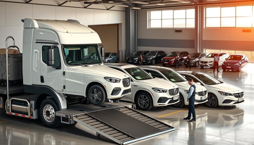 A fleet of shiny, well-maintained vehicles lined up in a sleek, modern Arlington auto transport facility. In the foreground, a state-of-the-art car carrier truck, its hydraulic ramps ready to gently load and unload vehicles with precision. The middle ground features a team of professional drivers and technicians, clad in uniform, carefully inspecting each car before transport. In the background, the facility's exterior showcases a clean, organized layout with ample parking and easy access routes. Warm, natural lighting filters through the large windows, creating a welcoming and trustworthy atmosphere for Arlington's reliable car shipping and auto transport services. A fleet of shiny, well-maintained vehicles lined up in a sleek, modern Arlington auto transport facility. In the foreground, a state-of-the-art car carrier truck, its hydraulic ramps ready to gently load and unload vehicles with precision. The middle ground features a team of professional drivers and technicians, clad in uniform, carefully inspecting each car before transport. In the background, the facility's exterior showcases a clean, organized layout with ample parking and easy access routes. Warm, natural lighting filters through the large windows, creating a welcoming and trustworthy atmosphere for Arlington's reliable car shipping and auto transport services.