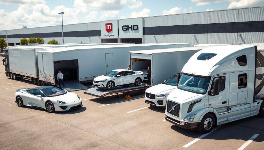 A fleet of sleek, modern car transport trucks are carefully loading and unloading luxury sedans, SUVs, and sports cars on a sunny, well-paved lot. The trucks have a smooth, aerodynamic design with large cargo bays and hydraulic lift gates. Experienced drivers meticulously secure the vehicles, ensuring their safe transport. In the background, a modern, well-organized warehouse facility with a prominent company logo stands proudly. The scene radiates a sense of professionalism, efficiency, and attention to detail, perfectly capturing the reliable and trustworthy vehicle shipping services offered. A fleet of sleek, modern car transport trucks are carefully loading and unloading luxury sedans, SUVs, and sports cars on a sunny, well-paved lot. The trucks have a smooth, aerodynamic design with large cargo bays and hydraulic lift gates. Experienced drivers meticulously secure the vehicles, ensuring their safe transport. In the background, a modern, well-organized warehouse facility with a prominent company logo stands proudly. The scene radiates a sense of professionalism, efficiency, and attention to detail, perfectly capturing the reliable and trustworthy vehicle shipping services offered.