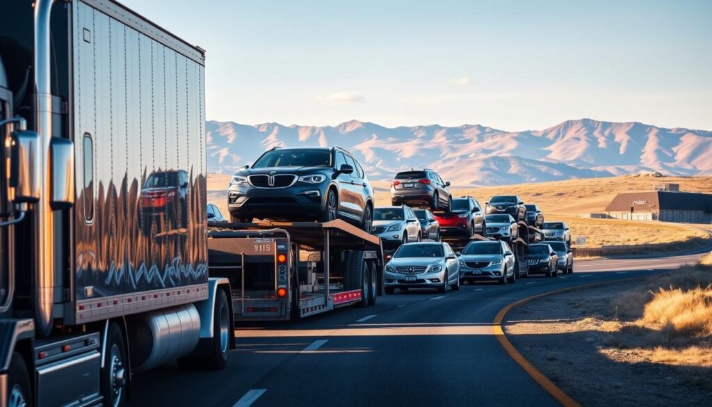 A fleet of well-maintained car carriers transporting a diverse array of automobiles on a sun-drenched highway in Rawlins, Wyoming. The sturdy vehicles are carefully loaded and secured, ready to be delivered to their destinations. In the foreground, a large semi-truck with an enclosed trailer smoothly navigates the winding road, its chrome details gleaming. In the middle ground, smaller open-air car haulers gracefully maneuver alongside, carrying a mix of sedans, SUVs, and pickup trucks. The distant mountains provide a breathtaking backdrop, bathed in warm, golden light. This scene conveys the reliability, efficiency, and attention to detail that define the trusted car shipping services in Rawlins. A fleet of well-maintained car carriers transporting a diverse array of automobiles on a sun-drenched highway in Rawlins, Wyoming. The sturdy vehicles are carefully loaded and secured, ready to be delivered to their destinations. In the foreground, a large semi-truck with an enclosed trailer smoothly navigates the winding road, its chrome details gleaming. In the middle ground, smaller open-air car haulers gracefully maneuver alongside, carrying a mix of sedans, SUVs, and pickup trucks. The distant mountains provide a breathtaking backdrop, bathed in warm, golden light. This scene conveys the reliability, efficiency, and attention to detail that define the trusted car shipping services in Rawlins.