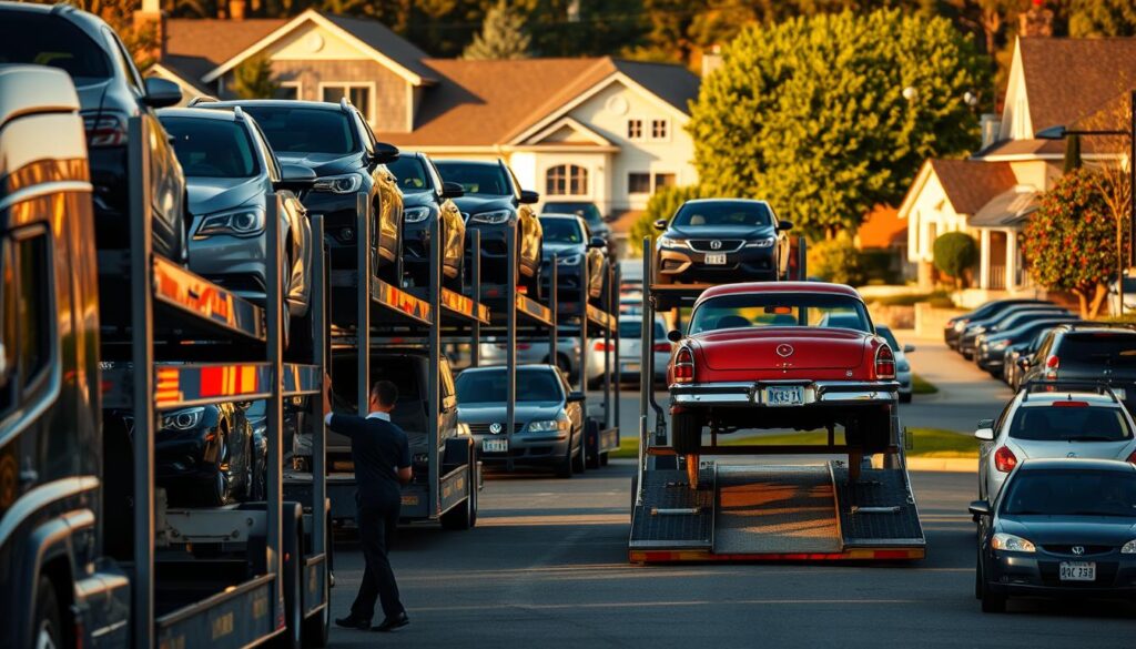 A fleet of well-maintained, modern car carriers navigating a suburban neighborhood, their gleaming metal frames and hydraulic lifts silently transporting a diverse array of vehicles. The scene is bathed in soft, warm lighting, casting long shadows and creating a sense of effortless efficiency. In the foreground, a uniformed driver carefully guides a prized classic car onto the transport, their expertise evident in their measured movements. The middle ground features meticulously parked cars awaiting their turn, while the background showcases the charming architecture and lush greenery of the Grandview neighborhood. The overall atmosphere conveys the reliability, care, and personalized service that Grandview Auto Transport is known for. A fleet of well-maintained, modern car carriers navigating a suburban neighborhood, their gleaming metal frames and hydraulic lifts silently transporting a diverse array of vehicles. The scene is bathed in soft, warm lighting, casting long shadows and creating a sense of effortless efficiency. In the foreground, a uniformed driver carefully guides a prized classic car onto the transport, their expertise evident in their measured movements. The middle ground features meticulously parked cars awaiting their turn, while the background showcases the charming architecture and lush greenery of the Grandview neighborhood. The overall atmosphere conveys the reliability, care, and personalized service that Grandview Auto Transport is known for.